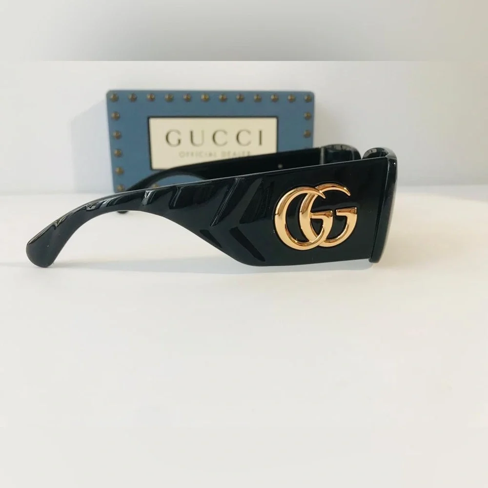 💯 - New Authentic Gucci Black Gray Gg0811s 001 Logo Rectangle Unisex Sunglas…